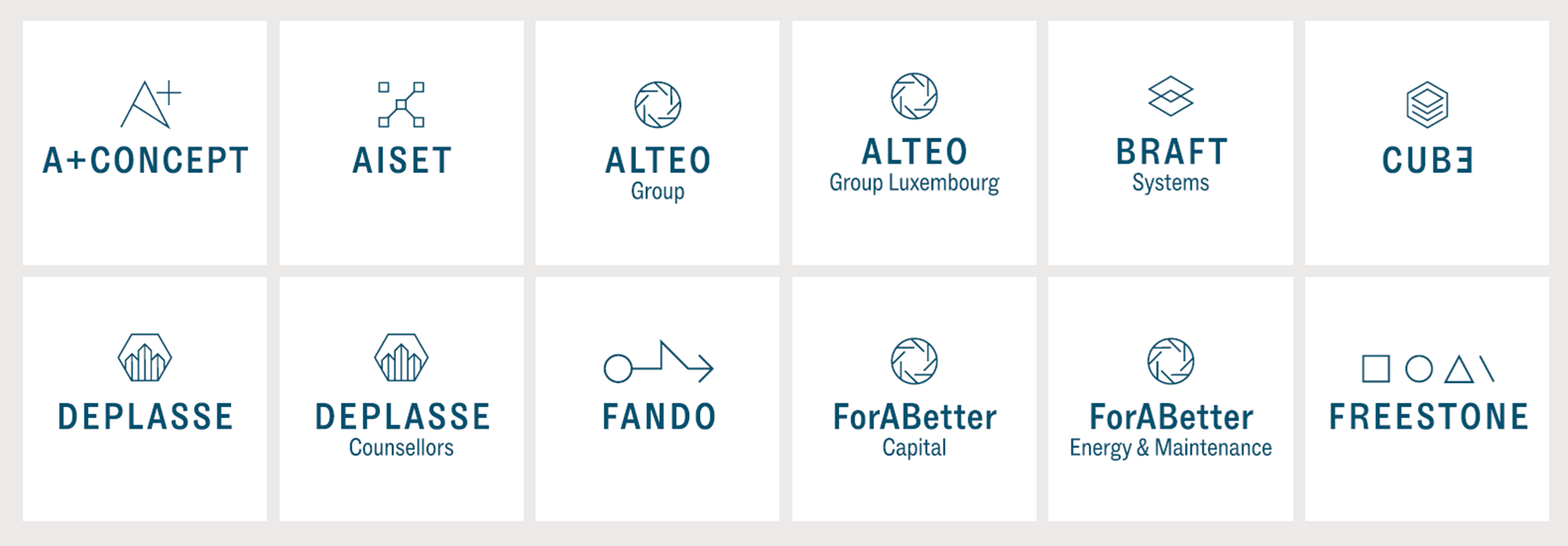 Alteo Group companies: A+CONCEPT, AISET, ALTEO Group, ALTEO Luxembourg, BRAFT, CUBE, DEPLASSE, DEPLASSE Counsellors, FANDO, ForABetter, ForABetter Capital, FREESTONE